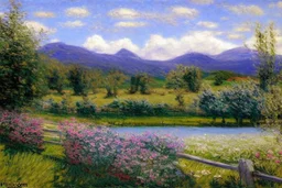 Sunny day, clouds, mountains, flowers, fence, grass, trees, distant trees, philip wilson steer impressionism painting