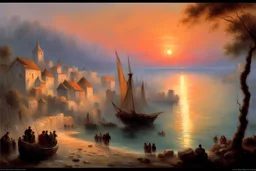 a medieval town by the sea at sunset by artist "Ivan Constantinovich Aivazovsky"