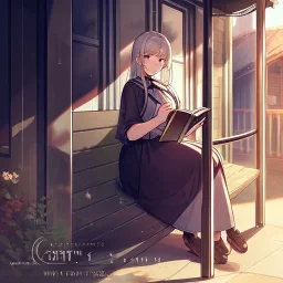 anime girl writing with a pencil in a book sitting on a porch swing of a very old house in the rain