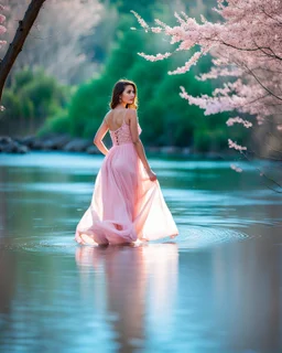 beautiful girl in pretty pink -blue dress walking in water toward camera in trees next to wavy river with clear water and nice sands in floor.camera capture from her full body front, spring blosom