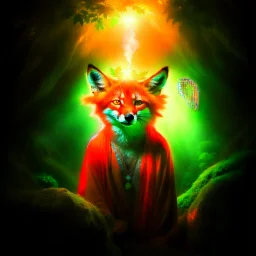 portrait of fox hippie pixie hovering in the underground grove glowing light, in the style of dali, 8k, down-light, soft light, depth of field, photo realism, trending on art station, high detail, smoke and fog