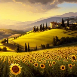 Tuscany hills, campi di girasoli, cipressi, Italian town,landscape magical, detailed, 8k resolution concept art by Greg Rutkowski,dynamic lighting, hyperdetailed, intricately, volumetric lighting, Alphonse Mucha