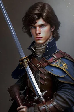 european brown hair young adult royal guard swordsman with rapier dieselpunk