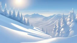 Fantasy cartoon style: view down the ski slope from the top of the hill, snow is sparkling, sun is shining