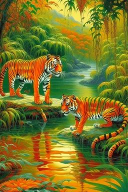 An orange colored jungle with devilish tigers and an acid lake painted by Claude Monet
