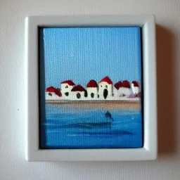 tiny oil painting of tiny seaside village, plain white background, solid white background, tiny white canvas, tiny white frame, melancholy, tender, moody, vintage, delicate arrangement, beautiful composition, etsy, aesthetic layout, plain solid white background