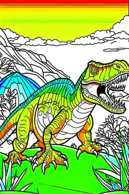 create a coloring page Illustrate a young adult T-Rex engaging in a territorial display, roaring loudly and displaying its dominance to rival dinosaurs. Kids can color the scene to show the vibrant colors and ink drawing clipart, simple line illustrations, colored