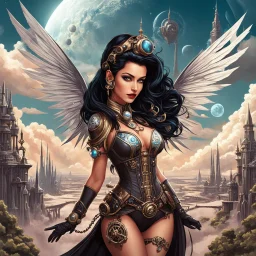 exotic sci-fi steampunk pin-up girl, with long dark hair and wings, on an alien planet with cloud trees, tall spires, buildings, bridges, arches