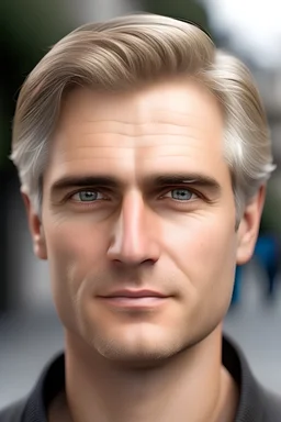 realistic, Caucasian face, studio lighting, cinematic light, handsome man, dark blond middle hair, no smile, (head frame), on light background, curiously complete, elegant, close to perfection, dynamic, highly detailed, non-symmetrical body a, detailed natural oily hair and skin texture.