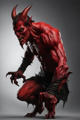 Realistic malevolent devil leaning forward at an angle facing left, posed as if over a person's shoulder, red skin, horror style, no other person.