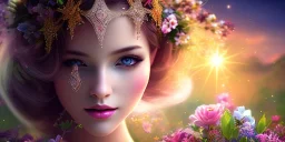 bright fairy, beautiful portrait, flowery landscape