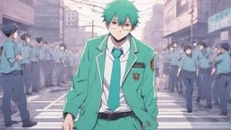 Aren Kuboyasu from the anime about Saiki Kusuo stands on the street at night in the headlights of police cars. he is dressed in a turquoise-green school uniform, moreover, the jacket is simply draped over his shoulders and under it is a shirt. he wipes the blood from his nose with his hand, and holds a bat covered in blood in his other hand