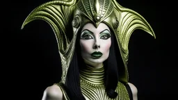 pale alien woman wearing a metallic alien headdress, wearing exotic clothing. Black hair bob