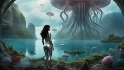 Detailed matte painting of a wide-angle shot of a woman, standing on the left side of the shot, with dark hair in a silver robotic catsuit, many large floating jellyfish with octopus tentacles, alien jungle trees in the distance, with an alien beach and lake, deep colour