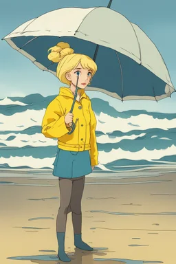 In the music video, a 23-year-old woman with blonde hair and bright blue eyes stands in the sea, se has a bun, dressed in a yellow fisherman's jacket. She holds an umbrella, but it offers no protection from the pouring rain. The rain pours through the umbrella. The rain under the umbrella is heavy paint petrol blue, the rain transforms through the umbreella She is paitend blue because of the blue rain drops. The rain is pouring heavily. She is standing in the middle of the sea.