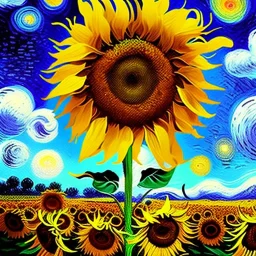 Dibujo al aceite de Campo de Girasoles con muchas nubes de colores estilo Vincent van Gogh