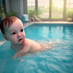 Cute Baby swimming in pool unreal 5, octane render,cinema4d, dynamic lighting, dramatic lighting, 4k, redshift render, highly, hyperrealism ultra detailed, hyper realistic.