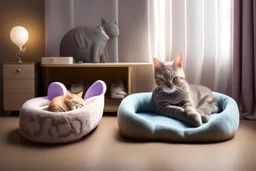 Lifelike cat-shaped bed with a cat lying on it in an elegant bedroom, bedside table, window, pictures on the walls in sunlight.