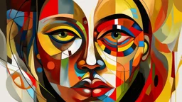 This image is a digital painting depicting an abstract face with surreal and modernist influences. The face is centered and occupies the majority of the composition. It is a blend of various geometric shapes and colors, creating a striking and enigmatic expression. The face has a smooth, almost featureless complexion with a prominent red dot on the forehead, which contrasts starkly with the surrounding colors. The eyes are large and almond-shaped, with a piercing gaze, and are colored in a dark