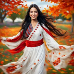 Hyper Realistic Photographic-View of Extremely-Beautiful Young Happy Pashto Girl With Long-Black-Hair-Beautiful-Eyes-&-white-frock-with-red-shawl-with-white-embroidery Whirling-&-smiling in Autumn-Weather with cloudy sky in-an-Autumn-garden-with-orange-leaves-whirling-&-grass-arches showing dramatic & cinematic ambiance.