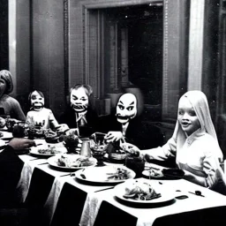 Creepy old photo of giger alien people sitting at dinner with weird children