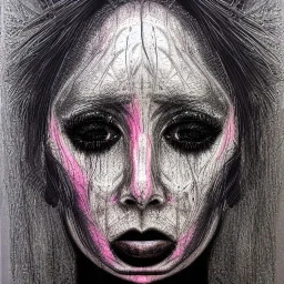 Silver on black paper portrait of female face of migraine, face distorted with pain, reverse colors, screaming, tears streaming from eyes, colorless, glitchcore, dystopian, horror, ultra realist texture, intricate line drawing,