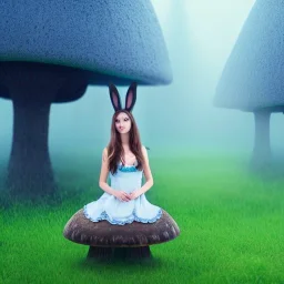 sourceress bunny girl, beautiful, cute, seated, in a giant mushroom forest, with mist, blue intricate dress, high definition, cinematic, rendering