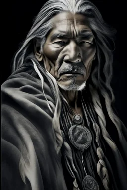 a photo of an Native american indian man with ethnic jewelry, grey hair and grey flowing robe, in style of Annie Leibovitz, contemporary portrait of a mature yet beautiful and modernist man, black and grey, detailed masculine face, swirling fluid smokey enigma, award-winning artwork