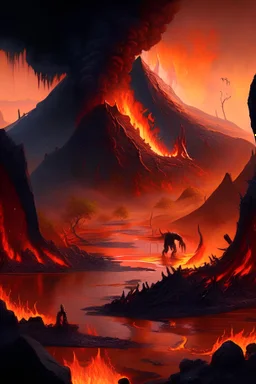 A fiery, volcanic landscape, with rivers of molten lava carving through the blackened earth, while hardy, flame-resistant creatures make their home in the harsh environment.