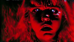 The Exorcist is a 1973 American supernatural horror film. The demonic possession by Pazuzu demon of a young girl (Linda Blair).Alchemist , high voltage, thunder light, closeup, proactive scene, provocative moving, action pose, modern and futuristic HD colored black and red decor of black Pazuzu demon in a high voltage,light saber action, double exposure, halo, perfect composition, highly detailed,lens flare