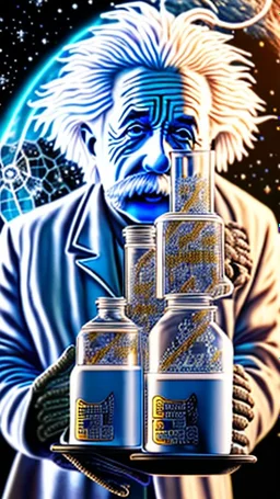 Albert Einstein, detailed and intricate calligraphy ink painting of a "cyborg Mad Scientist" holding beakers, outer space Background cosmic fractals, dystopian, concept art, unreal engine 5, god rays, ray tracing, RTX, lumen lighting, ultra detail, volumetric lighting, 3d, finely drawn, high definition, high resolution. award-winning: professional portrait: atmospheric: commanding: fantastical: clarity: 16k: ultra quality: striking: brilliance: stunning colors: amazing depth: masterfully crafted
