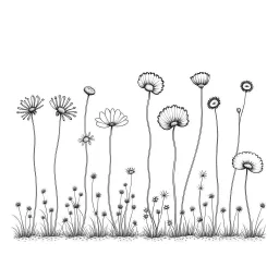 set of growing wind flower on the grace on ground, ONE lineS art, white background, minimalis, different view, only white bakcground solid.