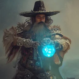 Insanely detailed photograph of an “mariachi warrior holding glowing D20” with intricate detailed beard, intricate clothing, hyperdetailed painting by Ismail Inceoglu Huang Guangjian and Dan Witz CGSociety ZBrush Central fantasy art album cover art,8K, hdr, mysterious, flickeringlights ,Stoic