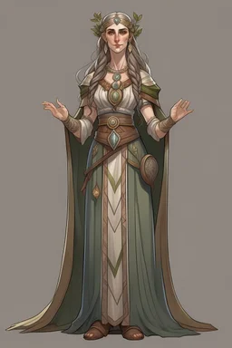 female adult high elf druid wearing medieval clothes with hands behind her back