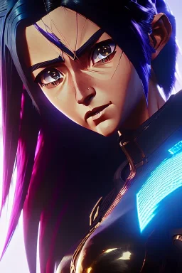 Alita battle angel, portrait from waist up, intricate eyeliner, vibrant eyeshadow, clear completion, soft lighting, 4k resolution, intricate details, insanely detailed, colorful cityscape background, masterpiece, expert, cinematic smooth, retroanime style, realistic details