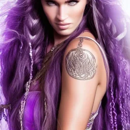 viking queen with purple armor, delicate purple braided hair, white flowing dress, highly detailed, 8k, ambient light, megan fox