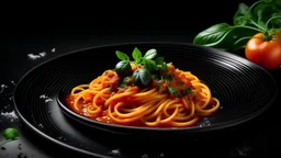 Spaghetti italian pasta served on black plate with tomato sauce and parsley in the restaurant italian food and menu concept / spaghetti bolognese on black background