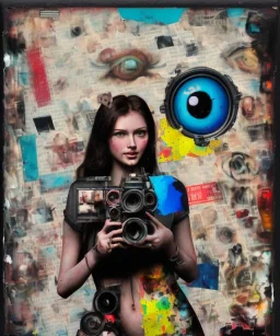 happy beautiful girl holding big proffesional camera in studio. street art, oil on canvas, spray paint, collage, letters, newspapeers, Dave McKean, Vladimir Fedotko, Saturno Butto, Vaughn Bodé, Frank Wu, James C. Christensen, collage, dirty, paint dripping, radiant