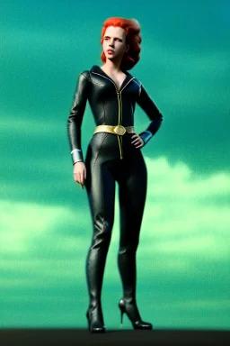 retro portrait image from 1960, sky background, wind, long red hair, fighting stance, sweet young Scarlett Johansson, black dress, classic long tight lycra black suit, gold bracelet and belt, high heel boots, superhero style, soft color, highly detailed, unreal engine 5, ray tracing, RTX, lumen lighting, ultra detail, volumetric lighting, 3d, finely drawn, high definition, high resolution.