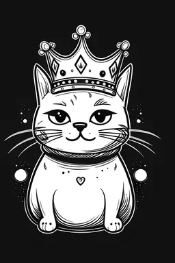 Cat wearing a crown. Cartoon kids style. Black and white only.