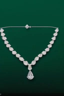 nice diamond and white gold necklace on manquin stand in luxury environment