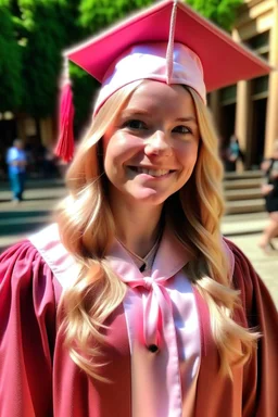 Een dom blondje die haar dokterdiploma heeft gekregen dankzij CHATGPT. Straalt domheid uit. Haar graduation outfit is volledig roze. Karikaturaal, carnavalesk, er zijn dokterattributen, denk legally blind en greys anantomy Dokter moet duidelijk zijn