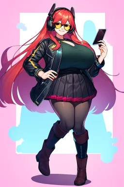pretty young girl, red long haired, nice smile, sunglasses, headphones, nice body, big bubs and nice legs, little leather jacket, skirt and boots rocker fashion
