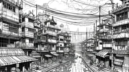 Draw a picture in a Geoffrey Bawa monochrome line work style of a city with designated no technology zones in a dystopian world where the physical world has to become a source of relief from the virtual world. Make the illustration look manually rendered using ink