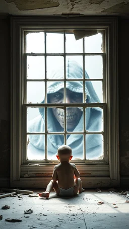 A baby in the crit in front of a big window in an abandoned damaged room, behind the window a face of an ugly hooded creature