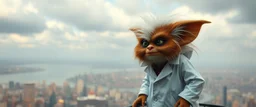 crazy fluffy gremlin maniac scientist in lab coat standing in tower watching city on water