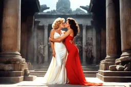 (high res photo shoot of a movie my Russ Meyer) two lesbian deities: one looking like Marilyn, the other like Ellen Ripley (Sigourney Weaver) are kissing with envy, they stand in the middle of an ancient temple of chaos. They test the limits of their attractions
