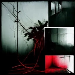 Minimal abstract oil painting of a neon plant in concrete warehouse brutalist architecture and hanging wires illuminated at night. With triadic red colours. In the style of Justin Mortimer and Phil Hale, Ashley Wood