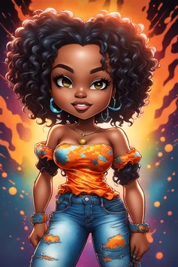 vibrant psychedelic comic book image, airbrush, 8k, cartoon art of a chibi curvy black female wearing torn jeans pants and a orange tie dye off the shoulder blouse. Prominent make up with lush lashes. Highly detailed sleek wavy ponytail