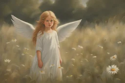 malarstwo dziewczyka aniołek na łące. ekspresja